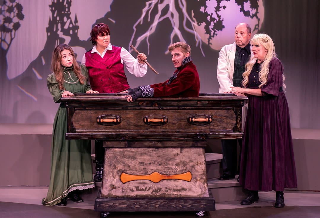 2025 Dracula: A Comedy of Terrors. Left to right: Sara Spangler, Katherine Lacaze. Cyndi Fisher, David Sweeney, Margo McClellan